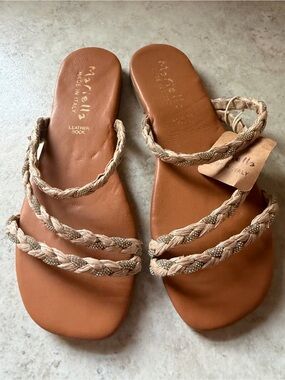 Mariella Made in Italy Leather Braided Slide Sandals Rhinestone 7.5